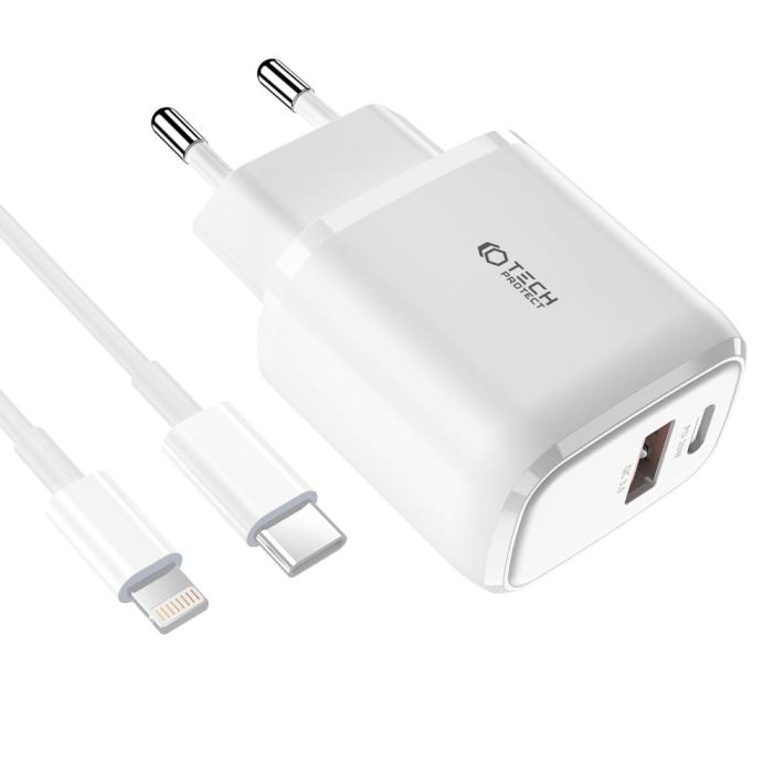 Bild 2, Tech-Protect 20W Väggladdare PD Inkl. USB-C - Lightning Kabel Vit