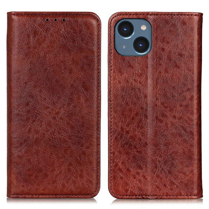 Bild 1, iPhone 15 Fodral Crazy Horse Flip Läder Brun