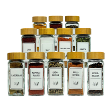 Kryddburkar i glas 12-pack med Bambulock – Svenska etiketter