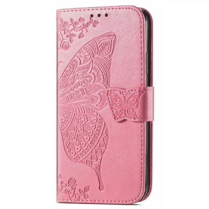 Bild 2, iPhone 13 Mini - Butterfly Tryckt Läder Fodral - Rosa