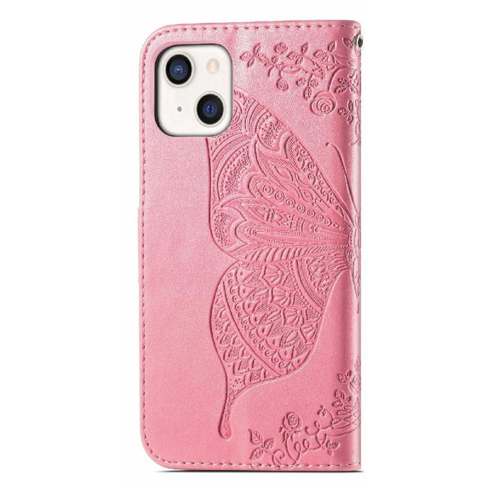 Bild 3, iPhone 13 Mini - Butterfly Tryckt Läder Fodral - Rosa