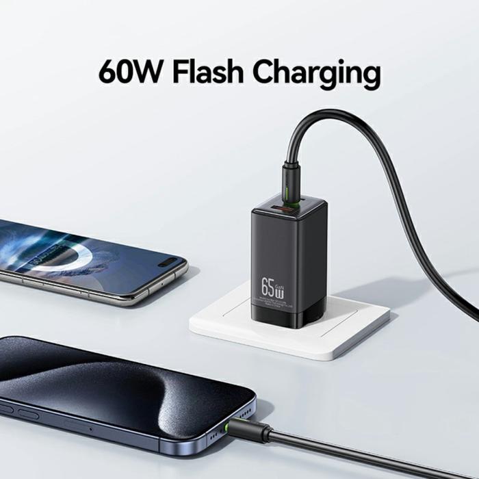 Bild 4, USAMS 1m 60W USB-C - USB-C Kabel Svart