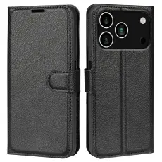 iPhone 17 Pro Fodral Litchi L&auml;der Svart