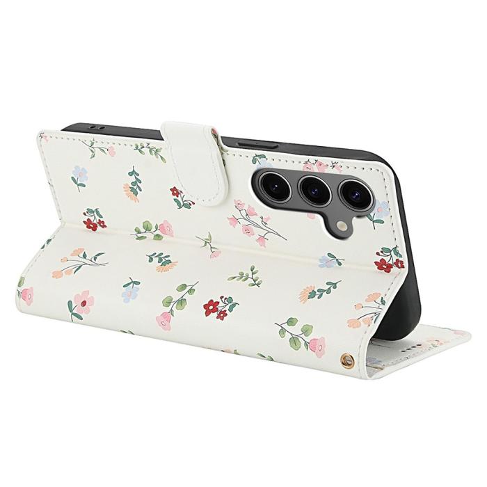 Bild 3, Samsung Galaxy S26 Fodral Rhombus Läder Blommor Vit