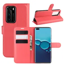 Huawei P40 - Litchi Pl&aring;nboksfodral - R&ouml;d