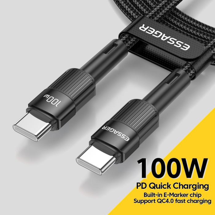 Bild 2, ESSAGER 2m 100W 5A PD USB-C - USB-C Laddningskabel Svart