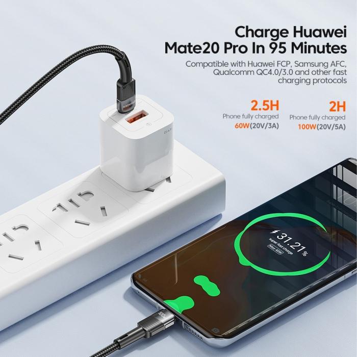 Bild 3, ESSAGER 2m 100W 5A PD USB-C - USB-C Laddningskabel Svart