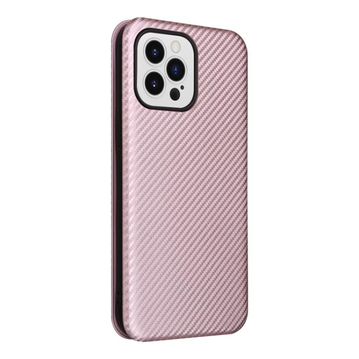 Bild 3, iPhone 14 Pro Max Fodral Flip Kolfiber Textur Roséguld