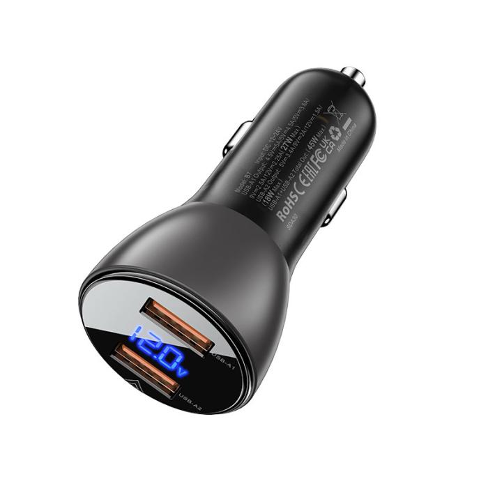 Bild 2, Acefast 45W Snabbladdare Billaddare 2x USB-A Svart