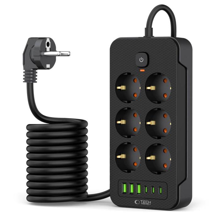 Bild 2, Tech-Protect 2 m Förgreningsdosa Med USB-C/USB-A Svart