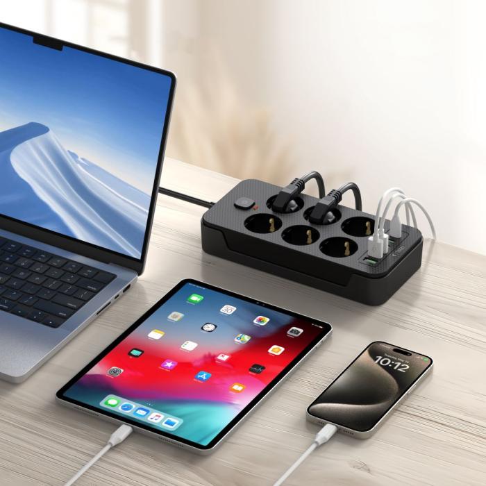 Bild 6, Tech-Protect 2 m Förgreningsdosa Med USB-C/USB-A Svart