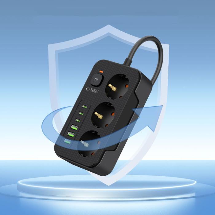 Bild 4, Tech-Protect 2 m Förgreningsdosa Med USB-C/USB-A Svart