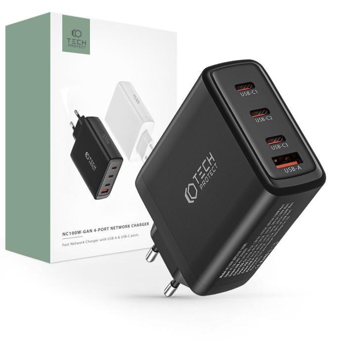 Bild 1, Tech-Protect 100W GaN PD/QC Väggladdare 3x USB-C 1x USB-A Svart