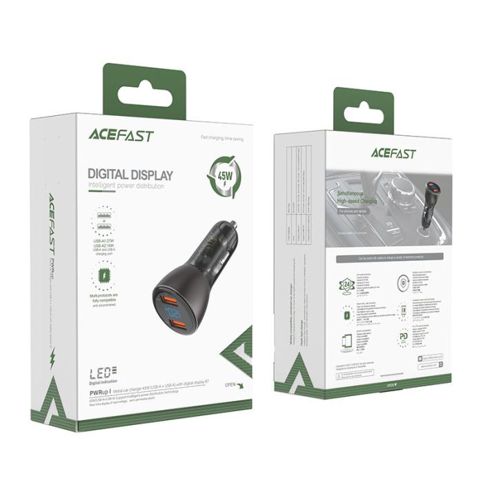 Bild 6, Acefast 45W Snabbladdare Billaddare 2x USB-A Svart