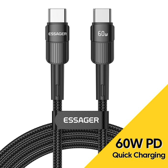 Bild 2, ESSAGER 1m 60W PD USB-C - USB-C Laddningskabel Svart