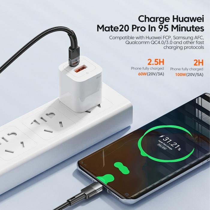 Bild 3, ESSAGER 1m 60W PD USB-C - USB-C Laddningskabel Svart