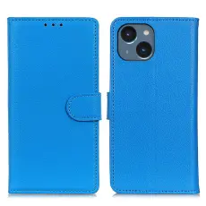 iPhone 15 Plus Fodral Litchi L&auml;der Bl&aring;