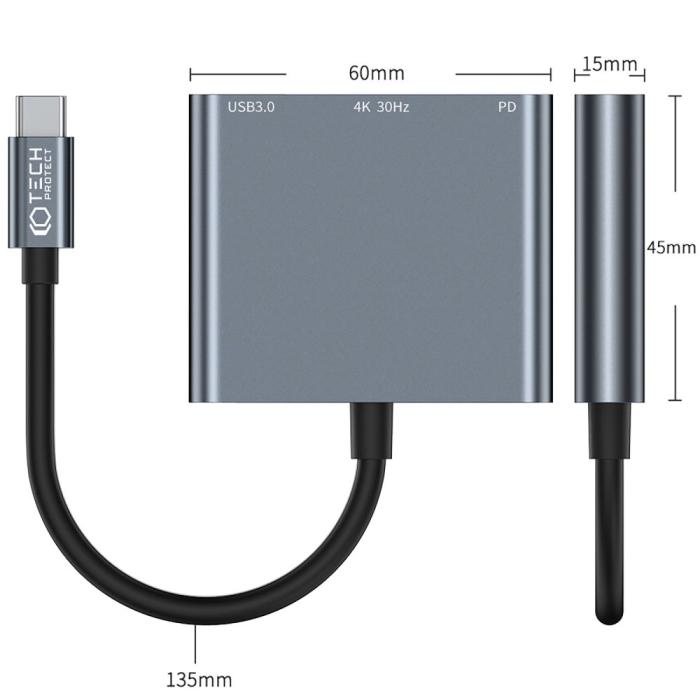 Bild 4, Tech-Protet 3in1 USB-C Hub USB-A / HDMI / USB-C Grå