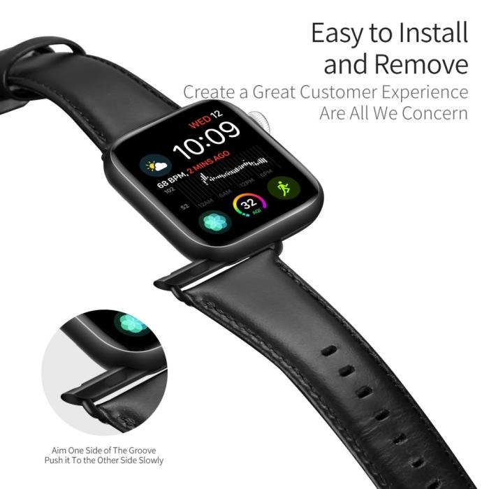 Bild 3, Apple Watch 42/44/45/49 mm Klockarmband Äkta Läder Svart