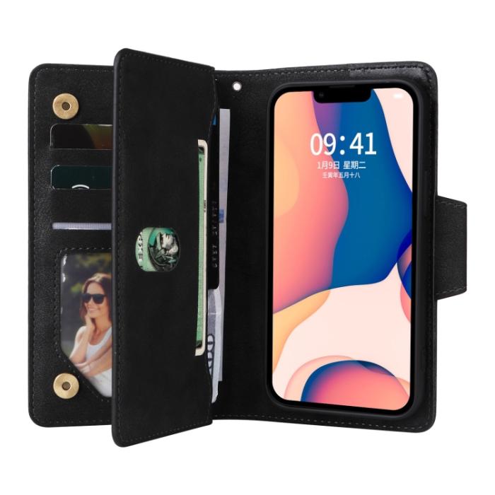 Bild 4, iPhone 14 Fodral 9-kort Multifunktionell Läder Svart