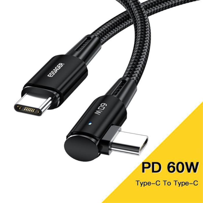Bild 2, ESSAGER 2m 60W PD USB-C - USB-C Elbow Laddningskabel Svart