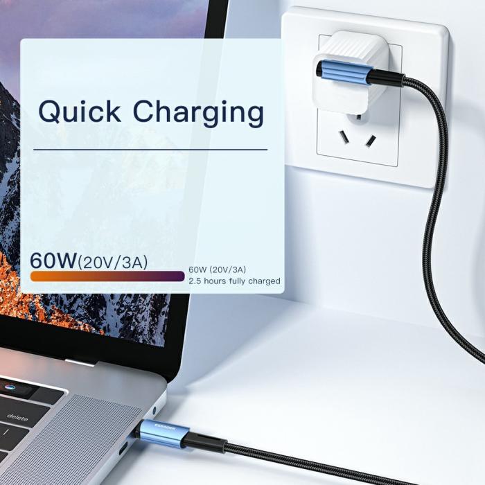 Bild 3, ESSAGER 2m 60W PD USB-C - USB-C Elbow Laddningskabel Svart