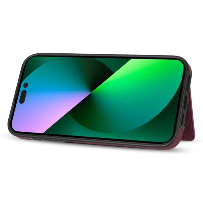 Bild 4, iPhone 15 Skal Läder Med Plånboksfunktion Vinröd