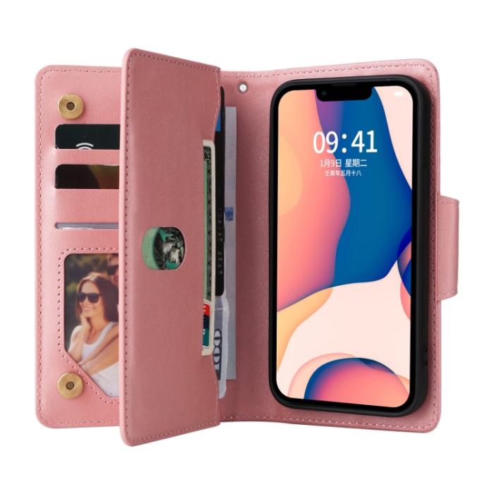 Bild 4, iPhone 14 Fodral 9-kort Multifunktionell Läder Roséguld