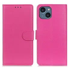 iPhone 15 Plus Fodral Litchi L&auml;der Rosa