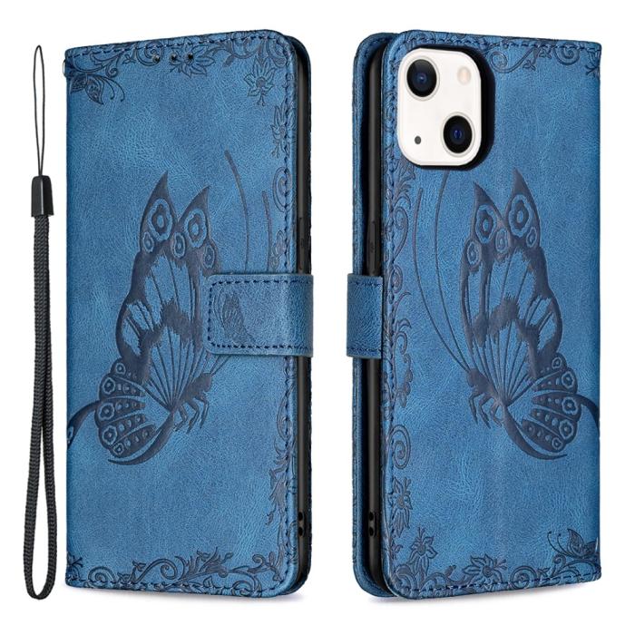 Bild 1, iPhone 13 Mini - Fjäril Tryck Läder Fodral - Blå