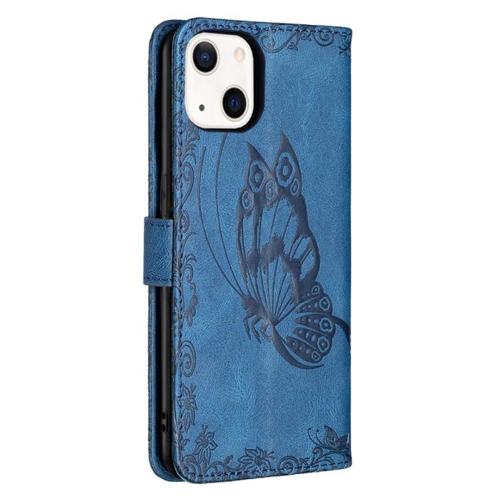 Bild 3, iPhone 13 Mini - Fjäril Tryck Läder Fodral - Blå