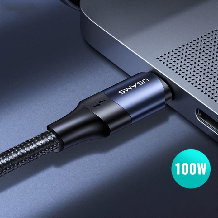 Bild 3, USAMS 2m 100W Snabbladdningskabel Nylon USB-C/USB-C Svart