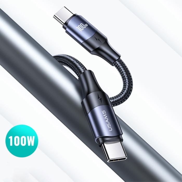 Bild 4, USAMS 2m 100W Snabbladdningskabel Nylon USB-C/USB-C Svart