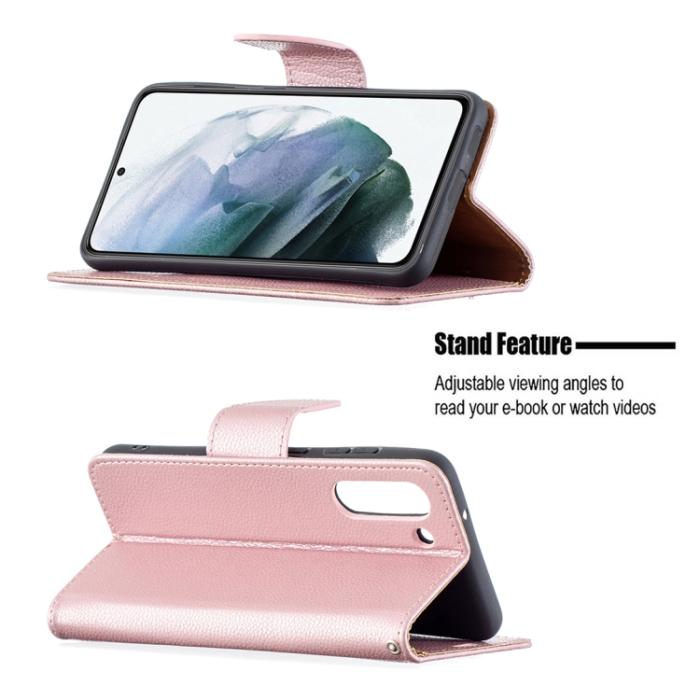 Bild 5, Samsung Galaxy S21 FE Fodral Litchi Textur Roséguld