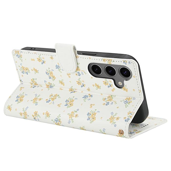 Bild 3, Samsung Galaxy S26 Fodral Rhombus Läder Blommor Vit