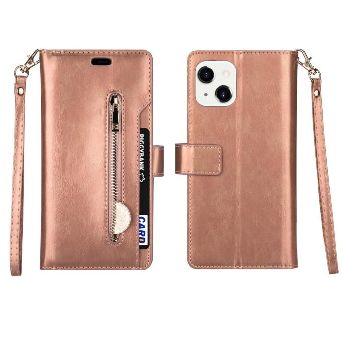Bild 1, iPhone 13 Mini - Multifunktionellt Flerkort Läder Fodral - Roséguld