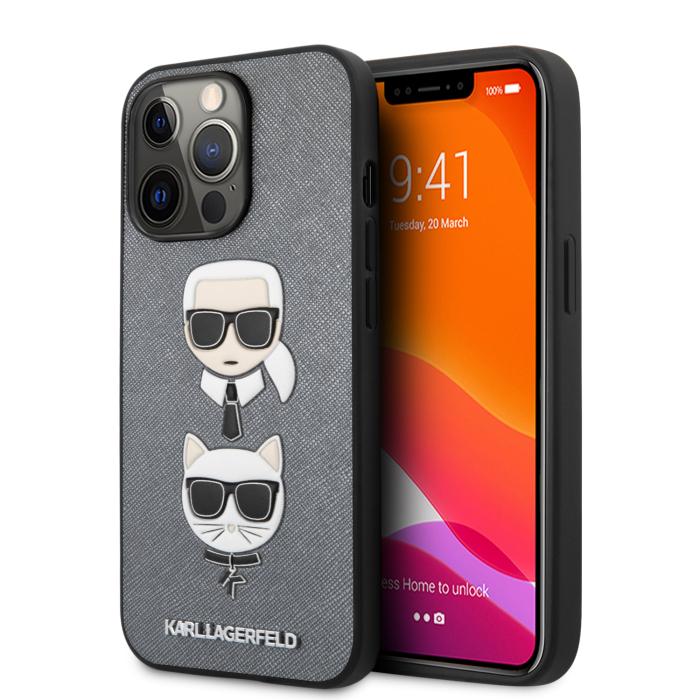 Bild 1, Karl Lagerfeld iPhone 13 Pro Max Skal Karl & Choupette PU Saffiano Silver/Grå