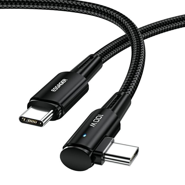 Bild 1, ESSAGER 1m 100W PD USB-C - USB-C Elbow Laddningskabel Svart