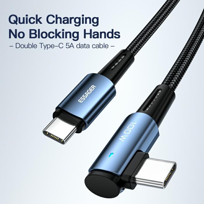 Bild 2, ESSAGER 1m 100W PD USB-C - USB-C Elbow Laddningskabel Svart