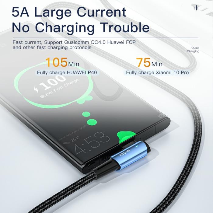 Bild 4, ESSAGER 1m 100W PD USB-C - USB-C Elbow Laddningskabel Svart