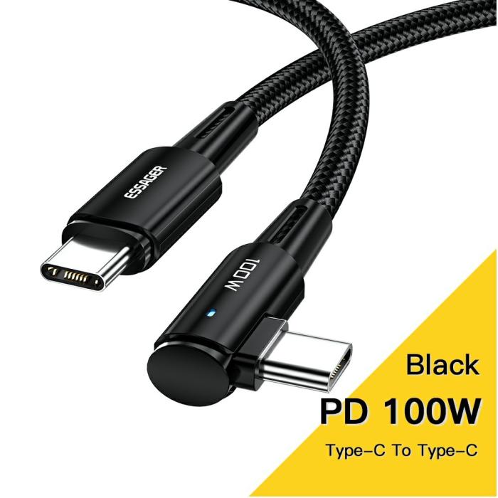 Bild 2, ESSAGER 3m 100W PD USB-C - USB-C Elbow Laddningskabel Svart