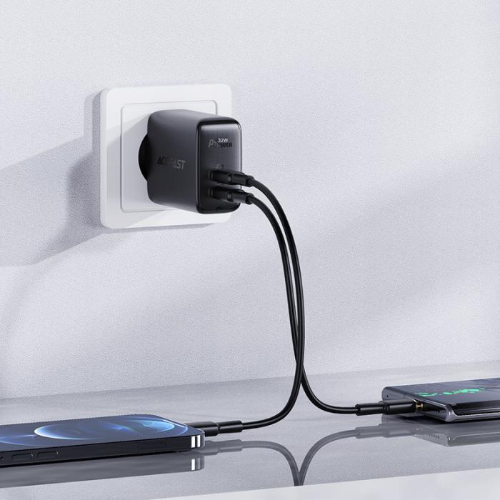 Bild 4, Acefast 32W PD PPS QC USB-C / USB-A Väggladdare Svart