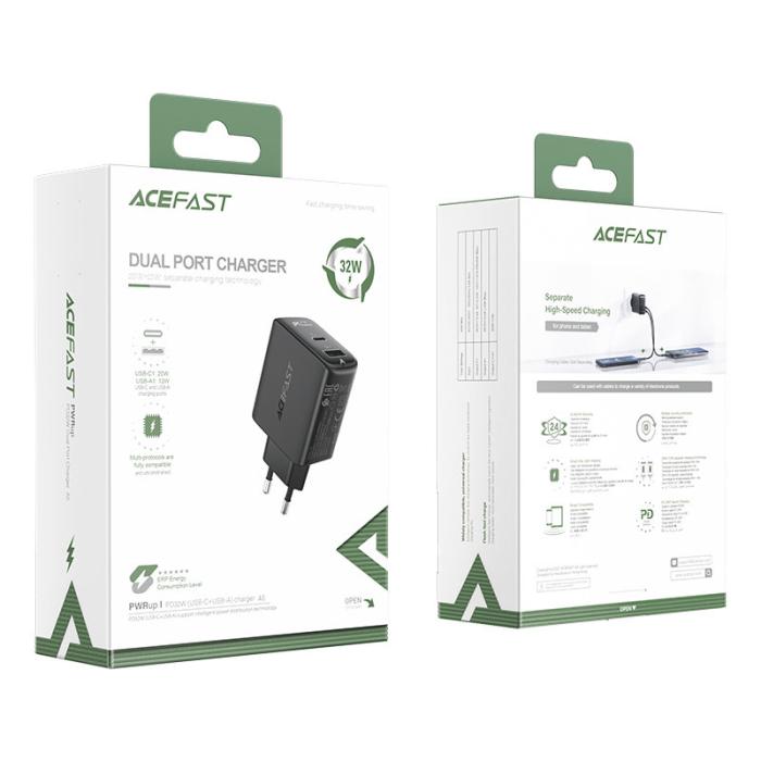 Bild 5, Acefast 32W PD PPS QC USB-C / USB-A Väggladdare Svart