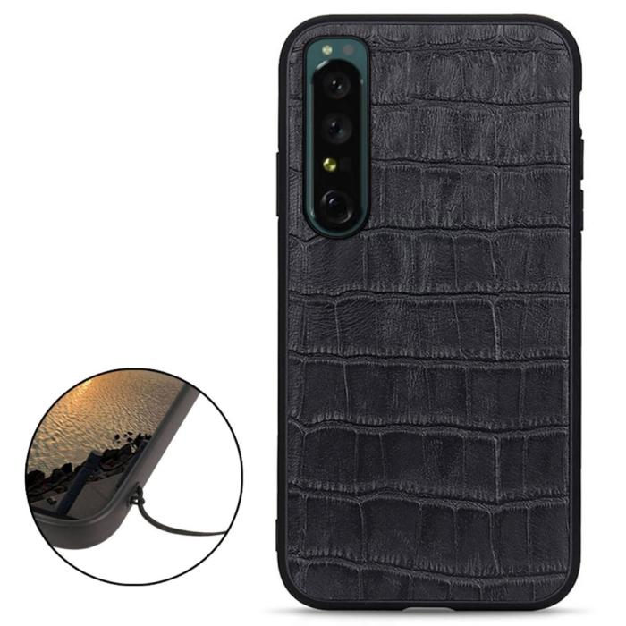 Bild 2, Sony Xperia 1 IV Skal Äkta Läder Krokodil Textur Svart