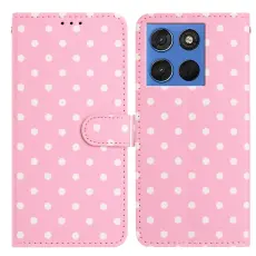 Motorola Edge 70 Fodral Polka Dot L&auml;der Rosa / Vit