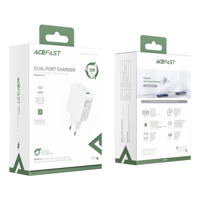 Bild 3, Acefast 32W PD PPS QC USB-C / USB-A Väggladdare Vit
