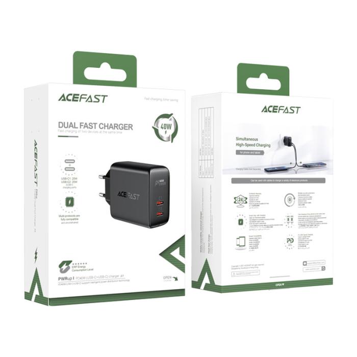Bild 5, Acefast 40W PD QC PPS 2x USB-C Väggladdare Svart