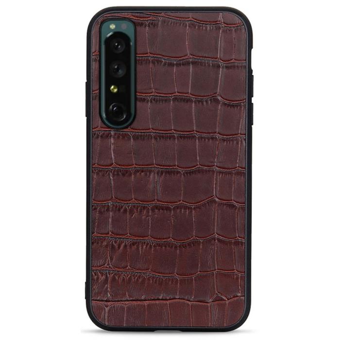 Bild 1, Sony Xperia 1 IV Skal Äkta Läder Krokodil Textur Brun