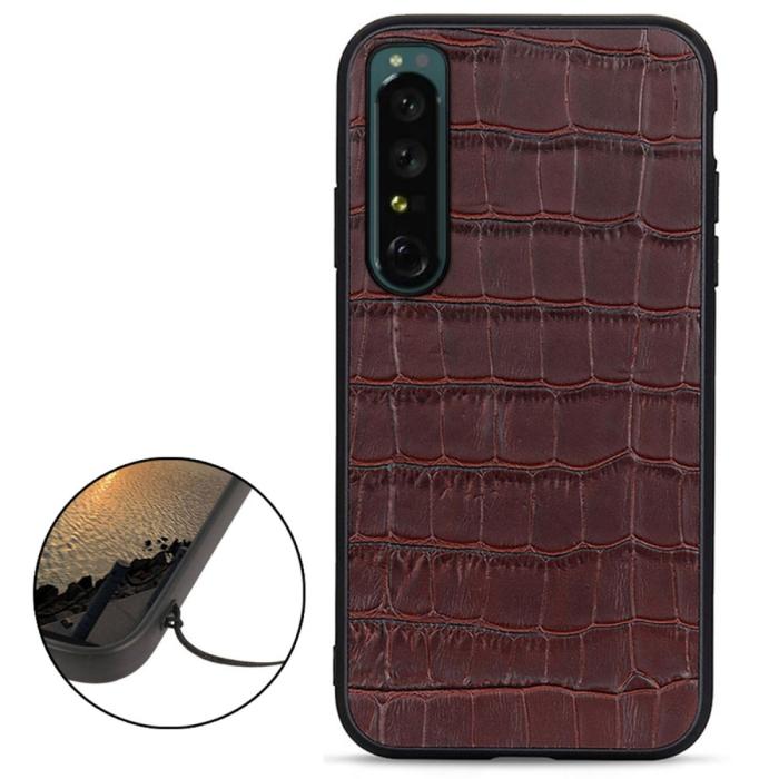Bild 2, Sony Xperia 1 IV Skal Äkta Läder Krokodil Textur Brun
