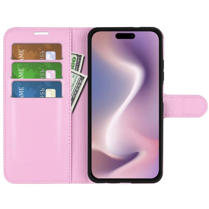 Bild 2, iPhone 16 Plus Fodral Litchi Läder Ljus Rosa